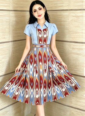 新疆连衣裙艾特莱斯裙子少女款短裙短袖夏季亚麻艾德莱斯裙子