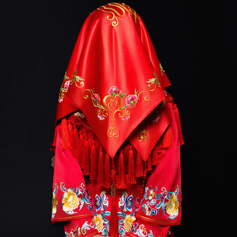 红盖头新娘中式婚礼刺绣花喜字盖头纱结婚庆旗袍秀禾服龙凤褂绸缎