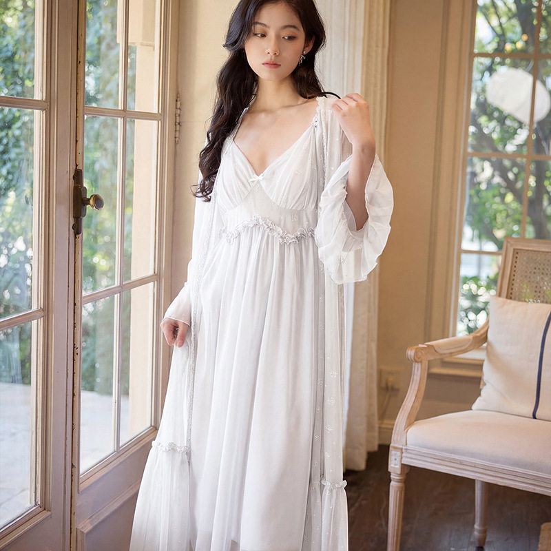 春夏纯欲网纱睡裙轻熟蕾丝长袖两件套仙女风宫廷可外穿时尚家居服
