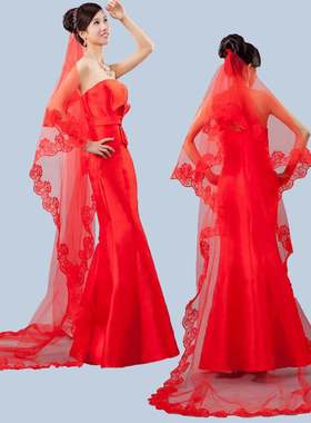 新娘头纱T06-3米红色电脑绣花蕾丝婚礼服头纱长款拖尾美国网