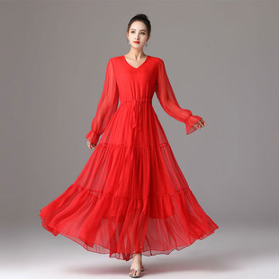 2023雪纺连衣裙长袖夏季欧美外贸裙子亚马逊女装海边度假沙滩裙女