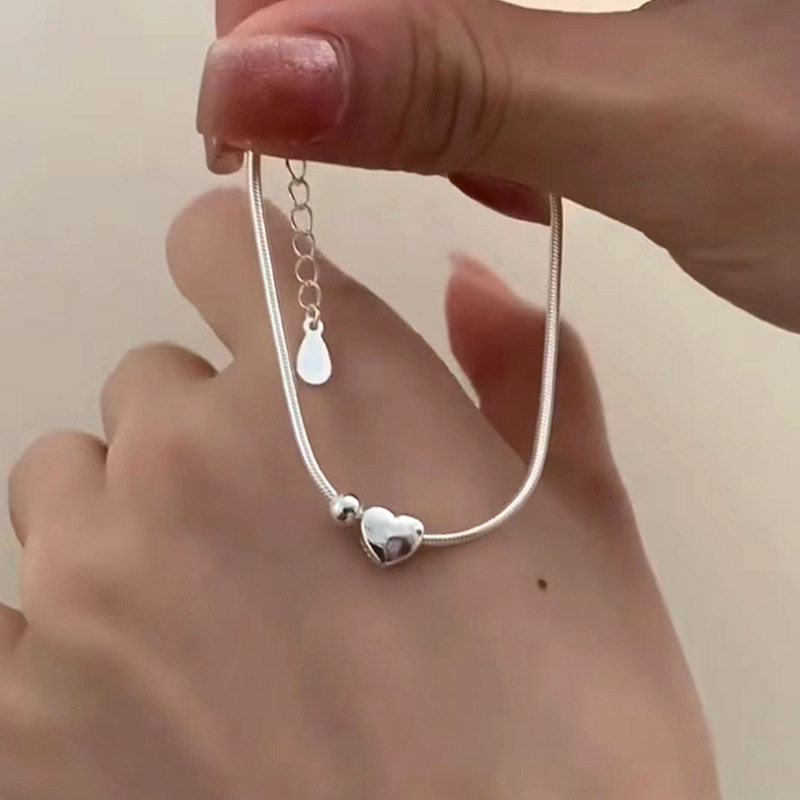 s925纯银心球蛇骨手链女简约甜美银珠爱心韩版ins小众手饰气质感