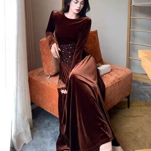 TZ8022秋冬新款 连衣裙 丝绒腰部拼接亮片掐腰显瘦气质法式