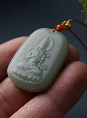百搭吊莲花坠项链坠且末观音精美和田玉佛牌蓝吊天然雕刻双面