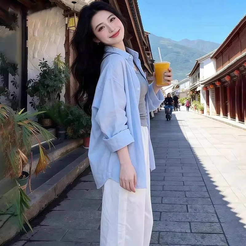 慵懒风松弛感蓝色纯棉长袖衬衫女2026春秋新款宽松百搭防晒开衫