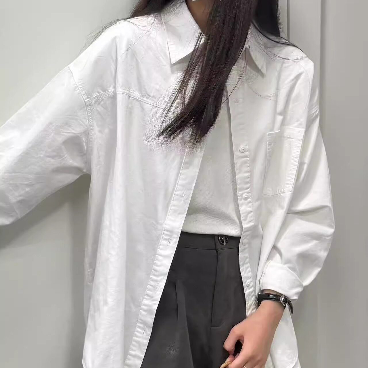 100%纯棉衬衫女早秋翻领内搭长袖衬衣外穿小个子韩系上衣ins外套