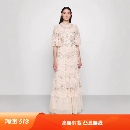 25夏英国潮牌仙气刺绣花朵荷叶袖木耳边女神网纱蛋糕长裙礼服