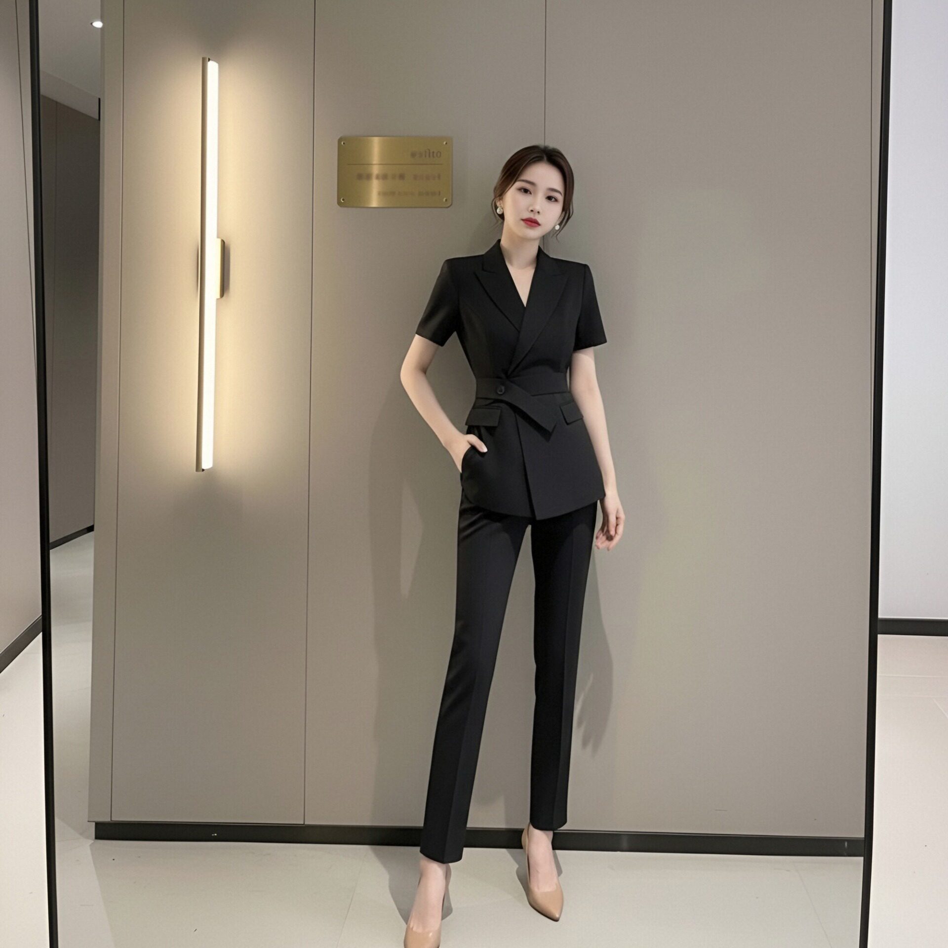 黑色短袖西装套装女夏季薄款职业装气质通勤工作服正装西服两件套