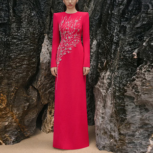 2025欧美春秋冬新款重工钉珠镶钻名媛气质修身连衣裙晚礼服长裙