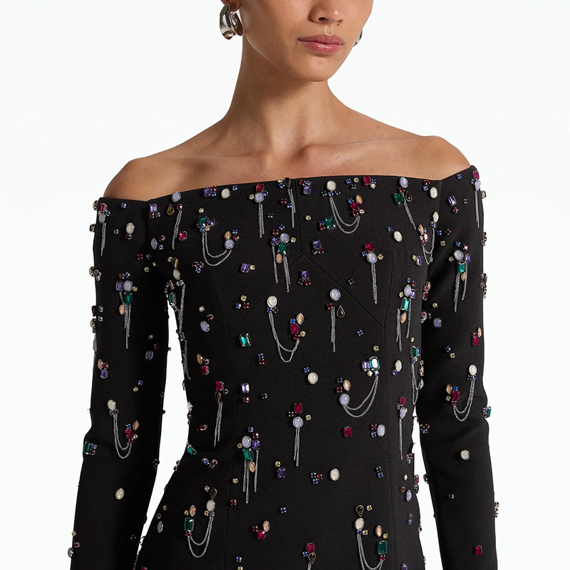 一字领重工钉珠镶钻长裙连衣裙