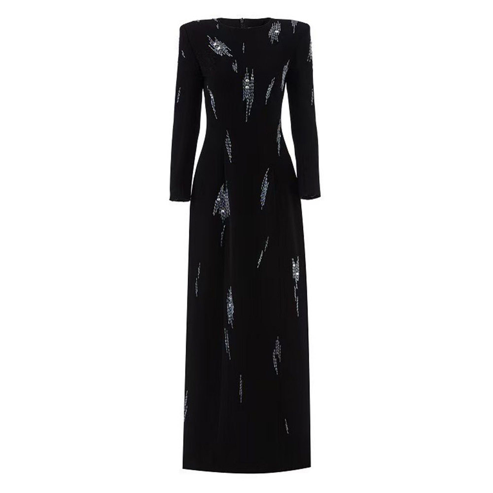 法式高级感串珠亮片圆领连衣裙气质修身显瘦黑色钉珠重工长裙跨境,女装/女士精品,连衣裙,淘宝优惠券,粉丝福利购,淘宝优惠卷