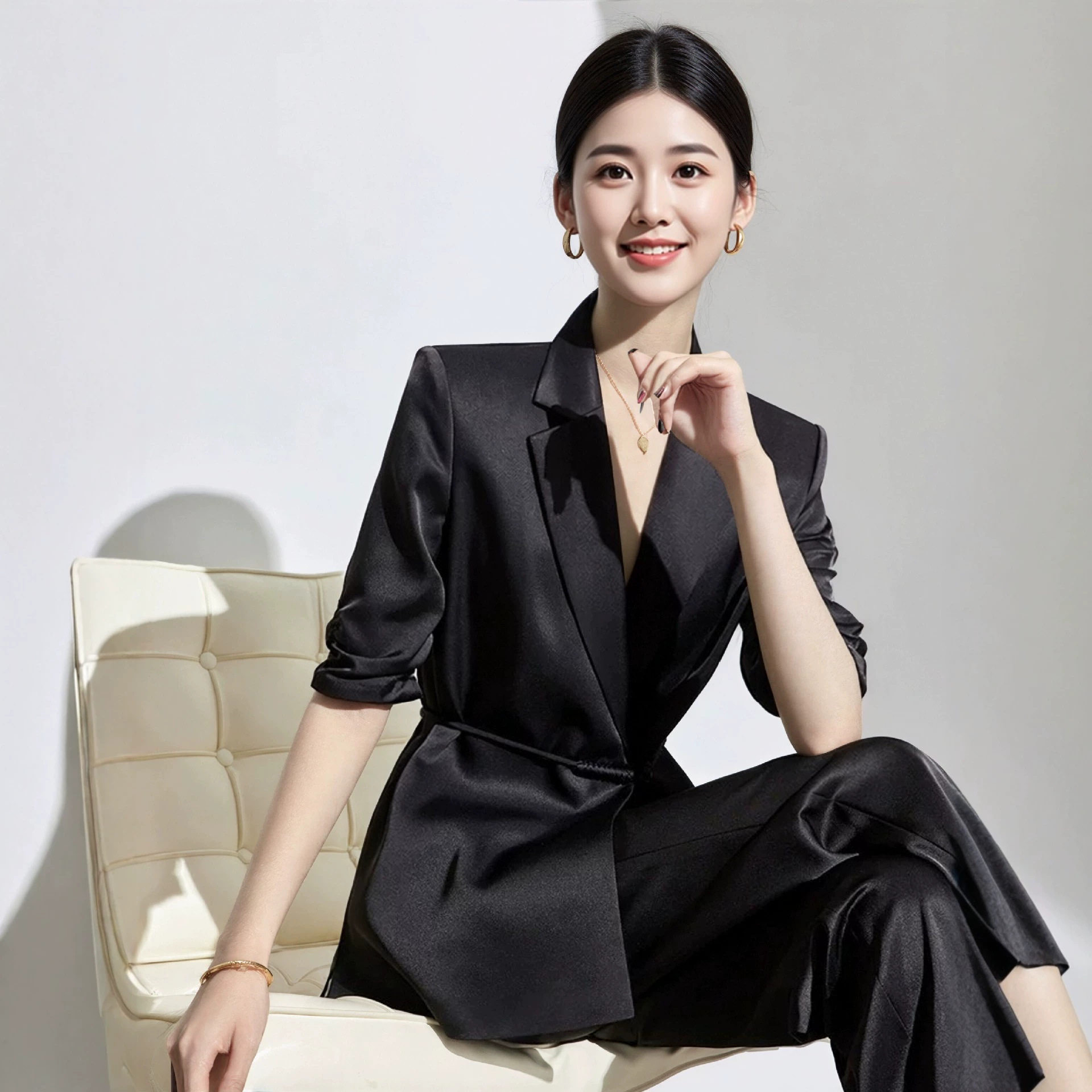 高级感缎面黑色西装套装女通勤正装收腰西服阔腿两件套气质职业装