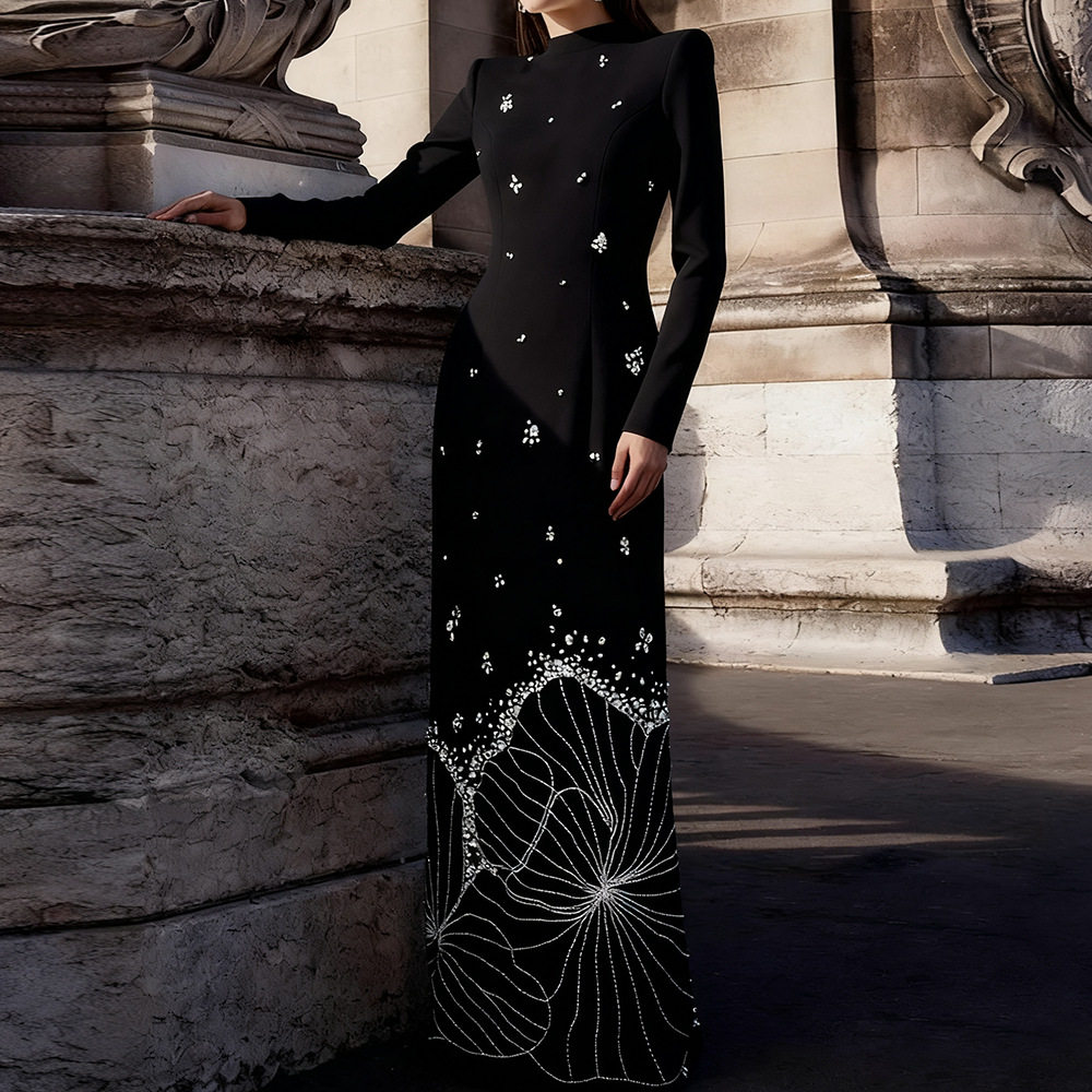 现货2025早春新款欧美设计师明星礼服长裙重工钉珠镶钻长款连衣裙