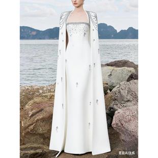 现货欧美明星晚礼服 2025新款重工钉珠挂链披肩袖及地长款连衣裙