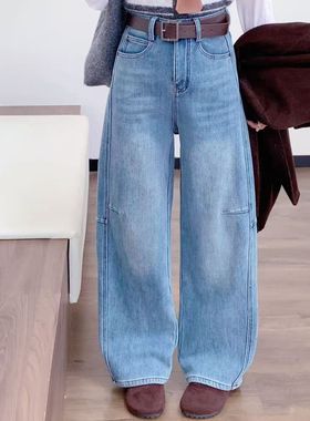 25新款冬季弯刀裤加厚加绒高腰宽松阔腿百搭休闲蓝色牛仔裤22721