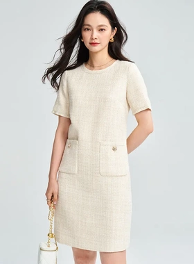 25春夏新款精致法式小香风花呢短袖连衣裙简约通勤直筒裙女18293