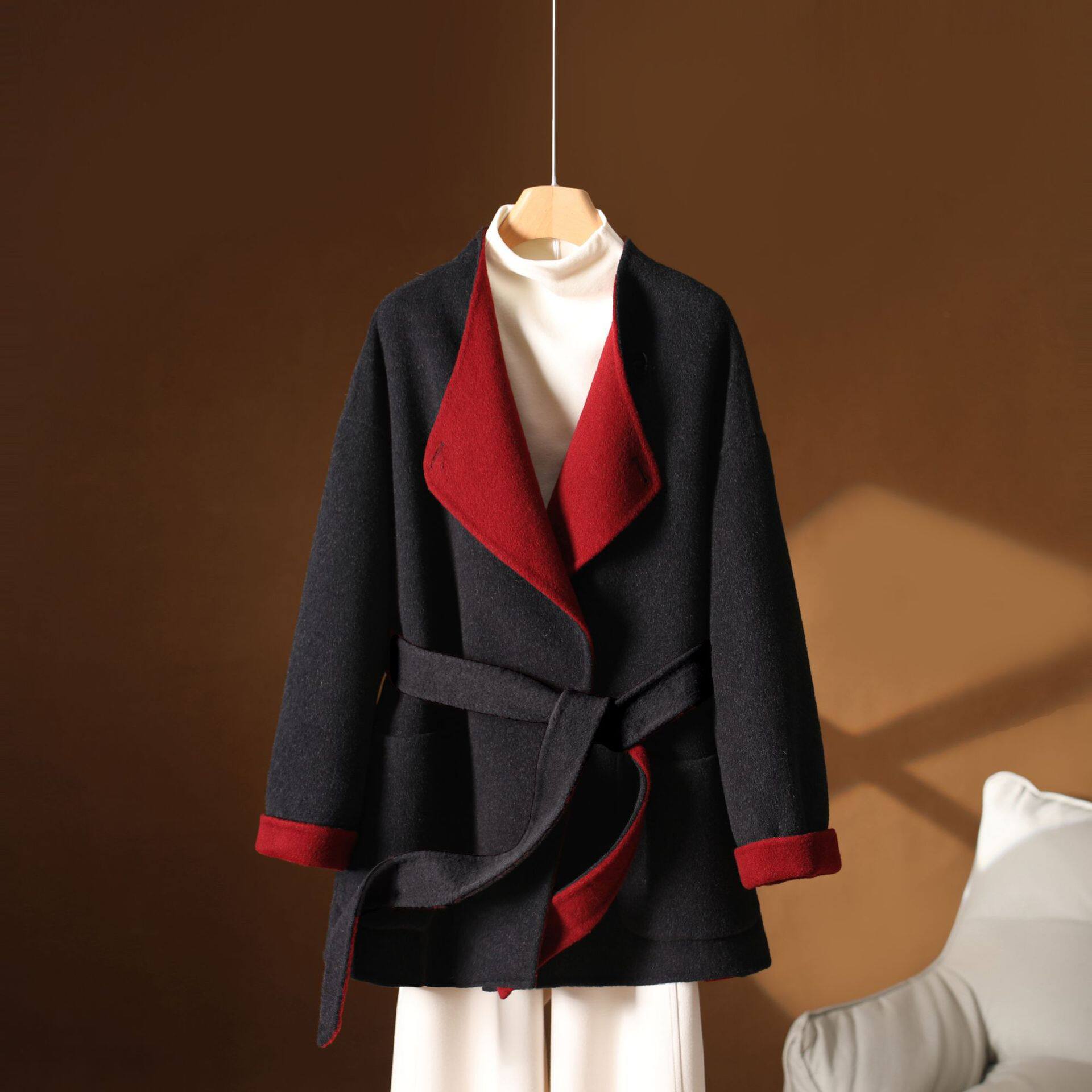 25秋冬新款双面羊绒大衣腰带中长极简宽松慵懒小浴袍毛呢外套