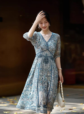 夏季新品女钉珠印花真丝中长款飘逸减龄真丝印花连衣裙2025 80038
