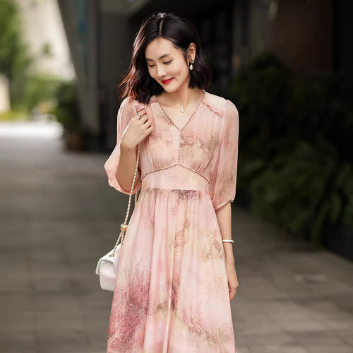 夏季新品女装法式V领钉珠真丝中长款晕染印花收腰连衣裙大摆90448