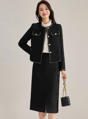 25新品春季轻奢氛围黑色亮丝粗花呢小香风短款外套15787 半裙1578