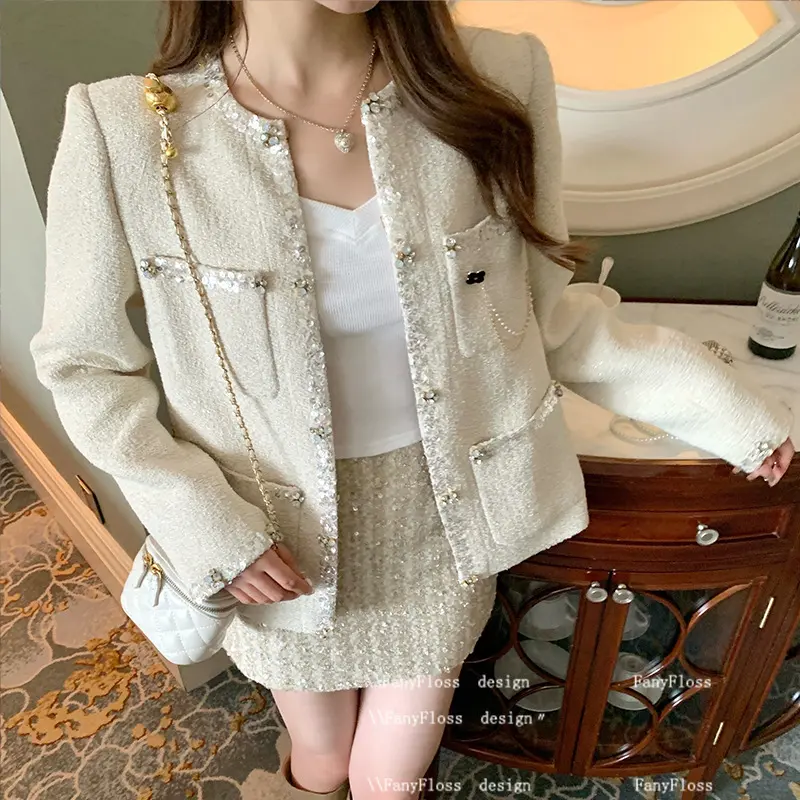 FanyFloss法式羊毛呢镶钻白色洋气短外套女小香风粗花呢钉珠西装
