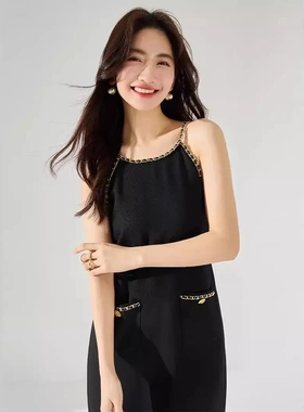 严选小香重工黑金链条吊带连衣裙新款黑色高级感无袖长裙子18121