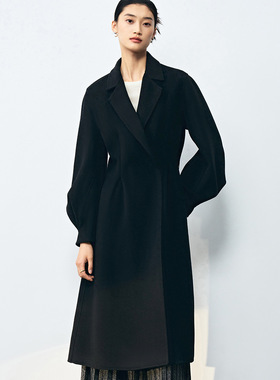 25秋冬新双面呢褶皱泡泡袖压褶大摆围收腰款气质外套大衣女22153