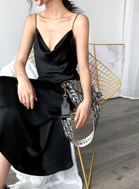 进口三醋酸缎面连衣裙超美多色45度斜裁荡领酒红色吊带长裙