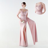 33998 吊带高开叉钉珠鱼骨收腰绑带鱼尾晚礼服 外贸2026新款