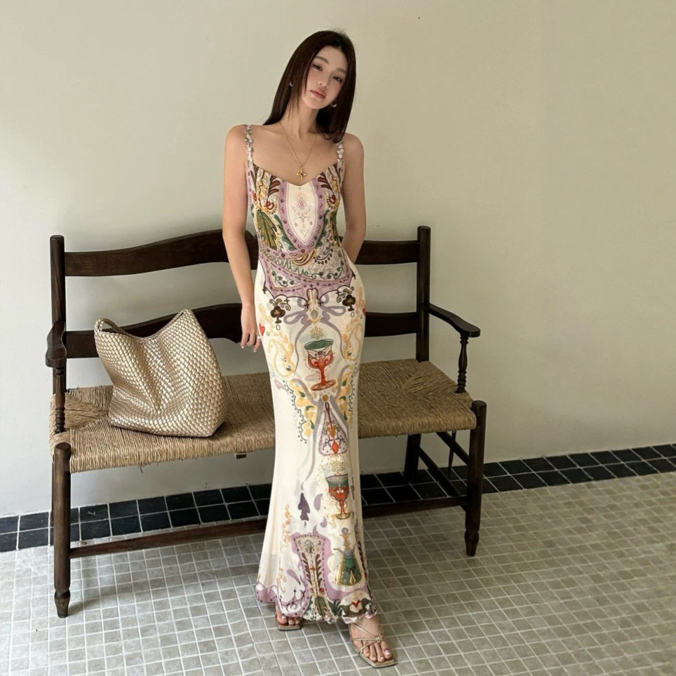 2026夏季新款复古印花连衣裙女高腰显瘦织带拼接吊带长裙鱼尾裙子