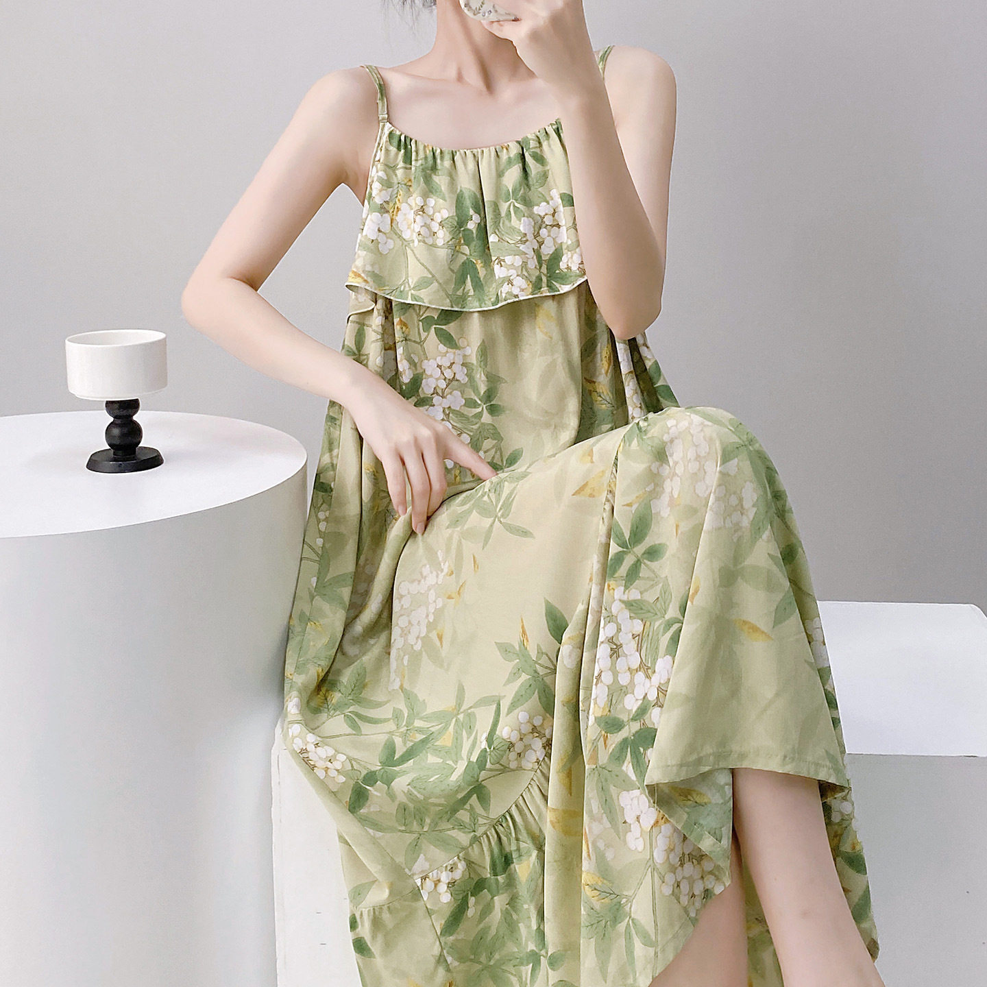 棉绸小碎花吊带睡裙防凸点女夏季睡袍/浴袍