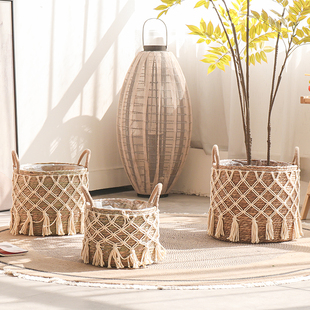 北欧风藤编编织花篮网格手工花盆植物大套盆民宿酒店会所装饰摆件
