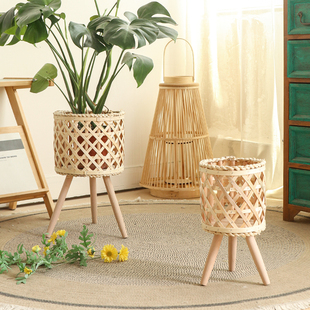 北欧创意藤编竹编草编花篮木质高花架落地式室内客厅装饰绿萝花盆