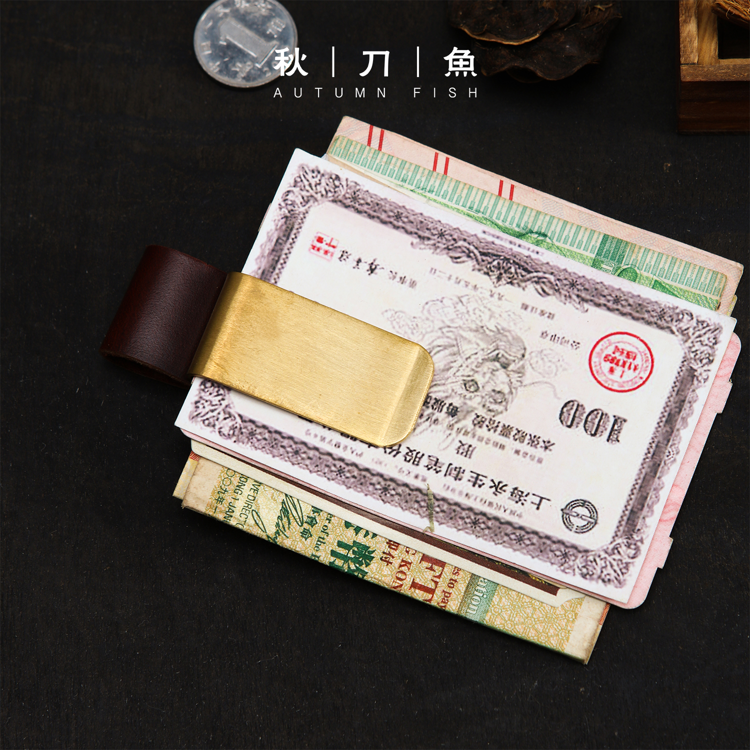 复古手工牛皮黄铜笔夹