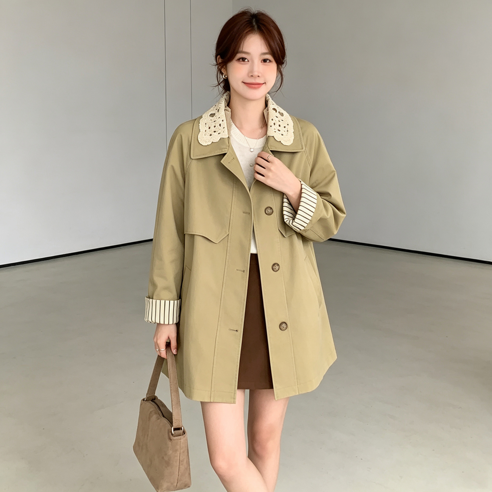 英伦学院风多口袋中长风衣女