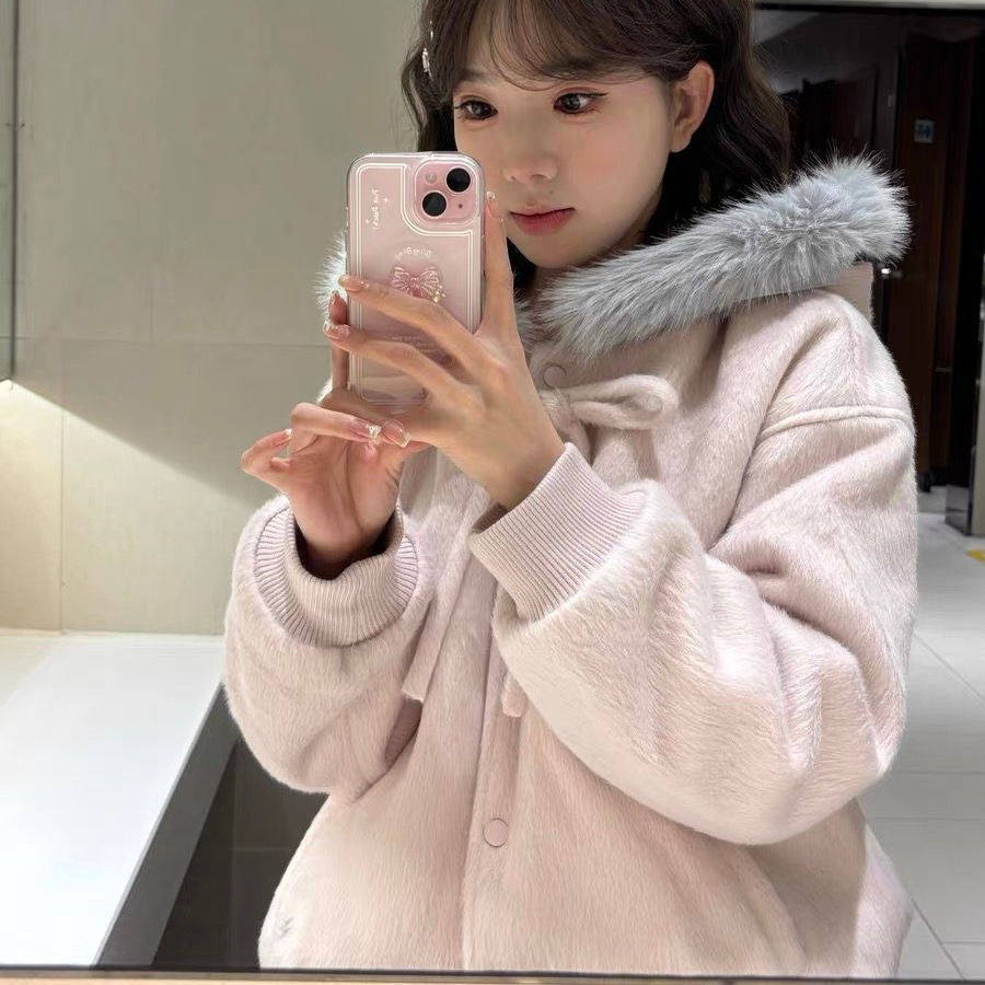 韩系温柔甜美粉色少女感秋冬毛领连帽毛呢外套卫衣女2025新款上衣