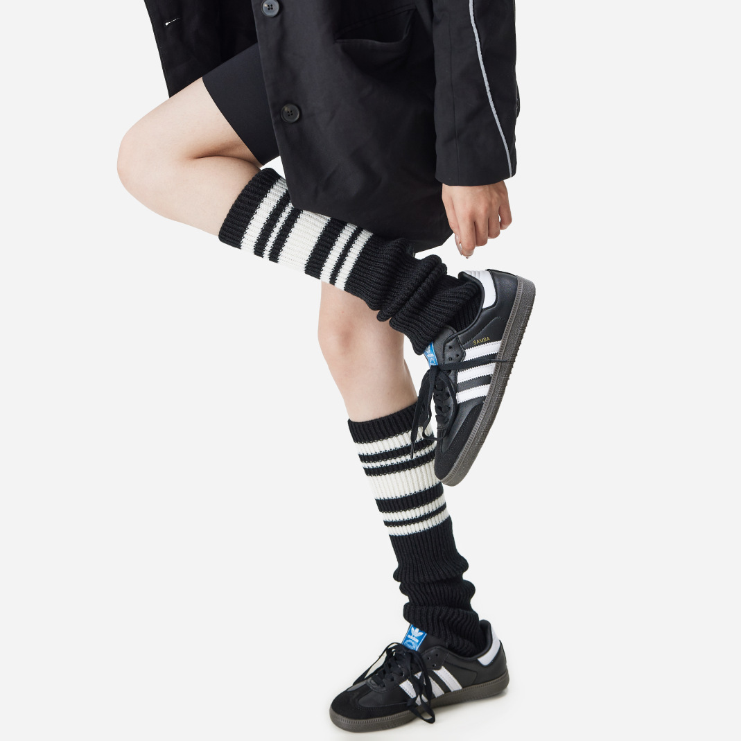 复古撞色条纹堆堆袜套秋冬长筒辣妹针织腿套加厚灰色护膝配靴子女