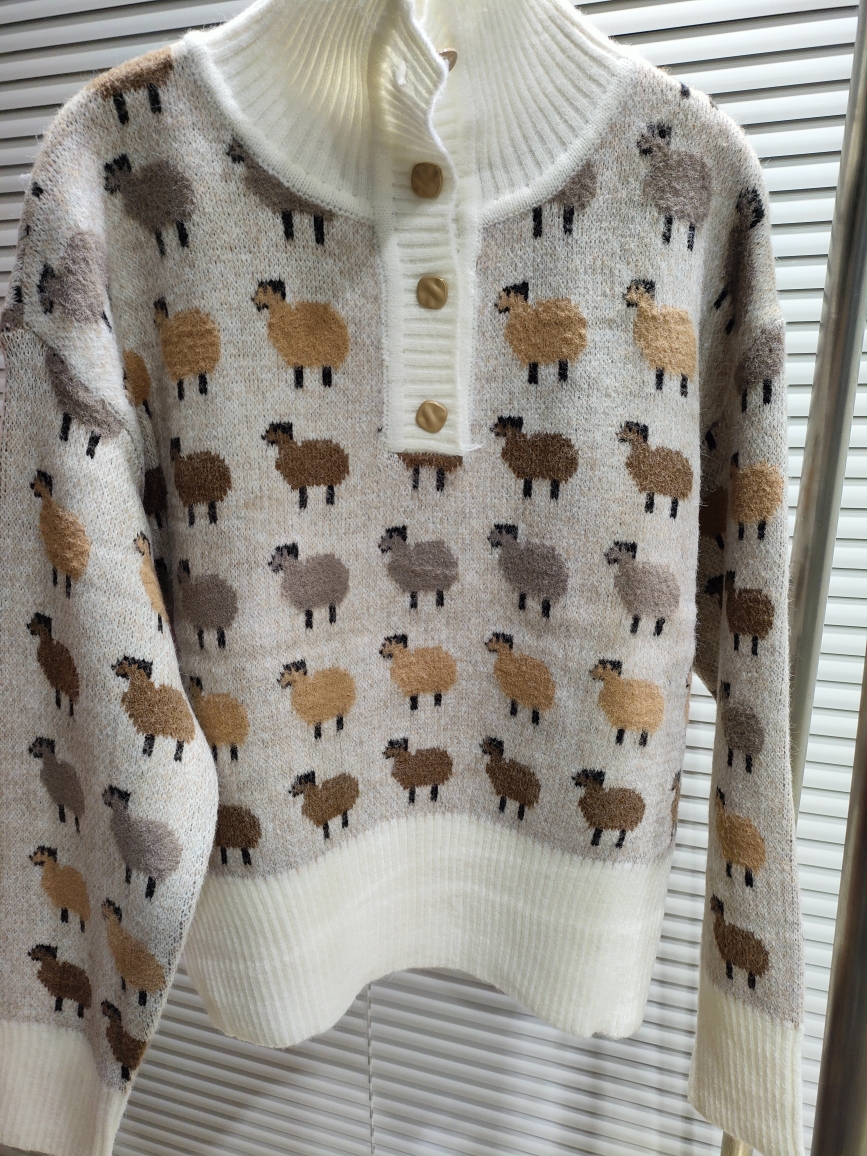 高领毛衣女秋冬新款宽松复古洋气立领绵羊印花翻领短款针织上衣潮