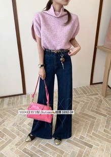 豹纹腰带宽松显瘦直筒拖地裤 新款 女ins秋季 深蓝cec阔腿喇叭牛仔裤