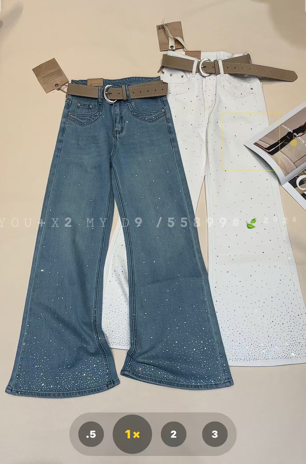 春季爆款定制烫钻高腰显瘦百搭直筒四面弹阔腿宽松微喇叭牛仔裤女