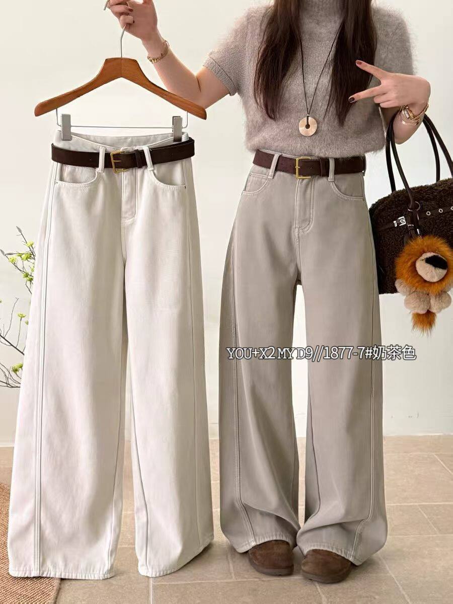 韩版原创冬季新款加绒加厚高腰宽松显瘦弯刀直筒阔腿拖地牛仔裤女