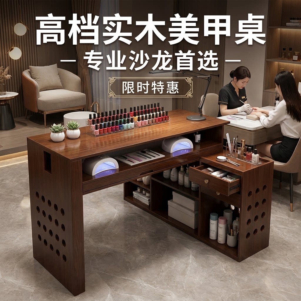 实木美甲桌美甲台 单人双人美甲 美容院美甲店专用美甲桌椅套装