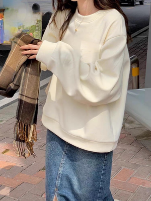 华棉600克秋冬加绒加厚圆领一体绒卫衣女打底上衣保暖衣针织衫