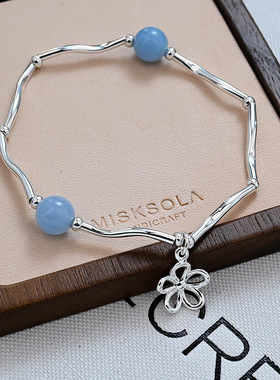 个性蓝色水滴串珠花朵手链女小清新气质轻奢感小众精致手饰