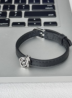 冷淡风复古黑色皮质手环玫瑰手链