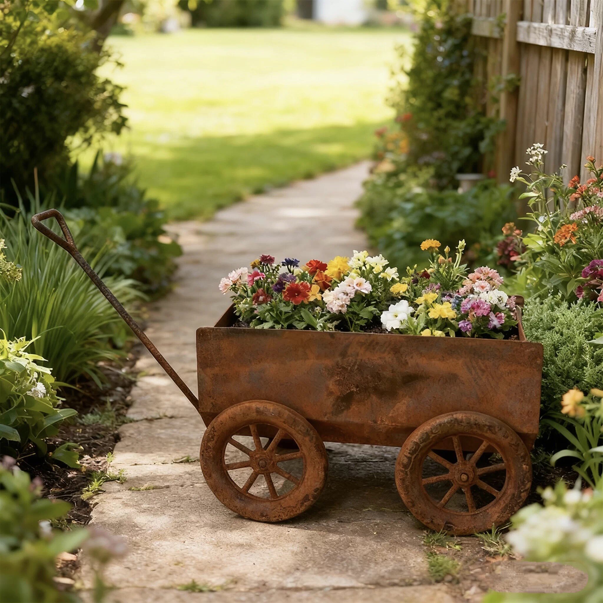 铁艺花车花盆户外庭院装饰花架花槽复古做旧锈色小推车花园盆栽
