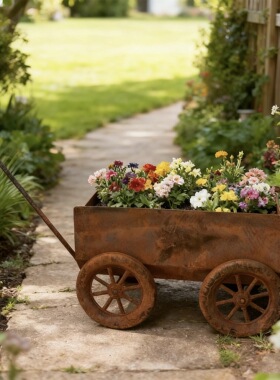 铁艺花车花盆户外庭院装饰花架花槽复古做旧锈色小推车花园盆栽