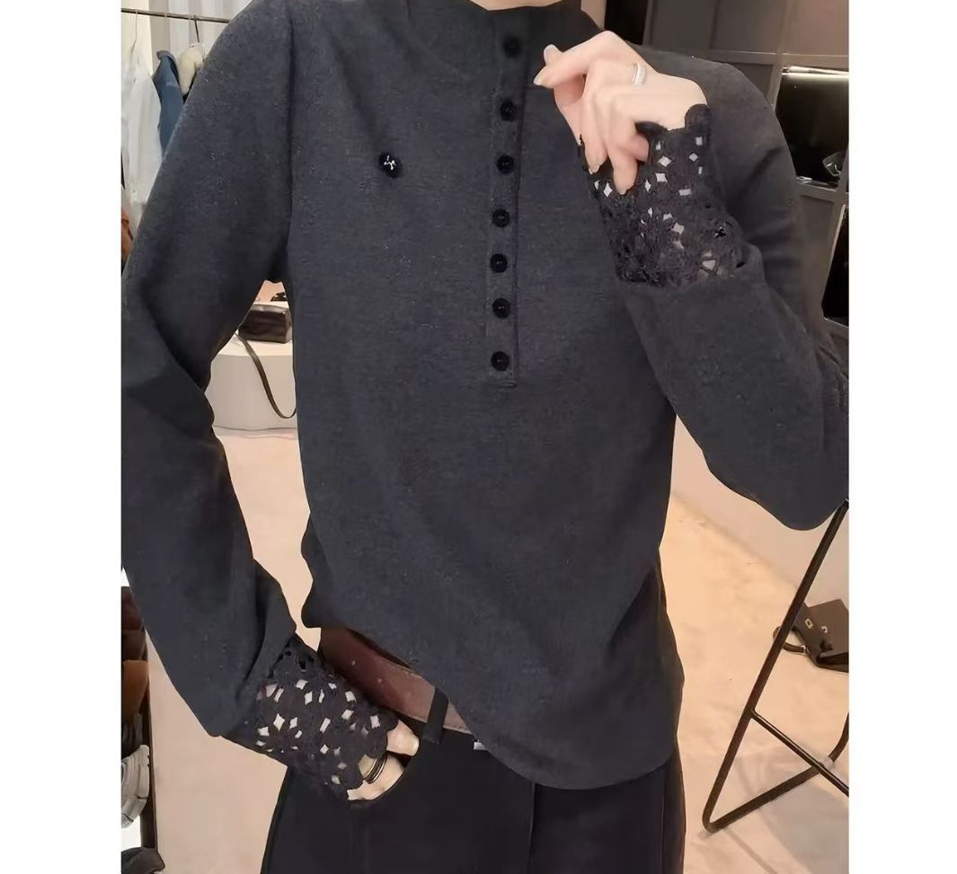 2025秋冬新款半高领蕾丝拼接长袖加绒T恤女修身显瘦打底衫上衣