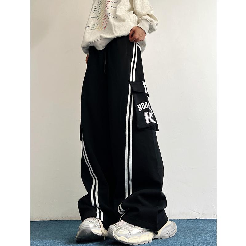 美式潮牌宽松条纹拼接工装运动裤8666p65,男装工装外套,星座517-5