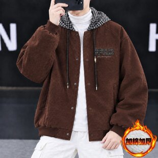 加棉加厚潮流休闲格子连帽夹克外套男款春秋冬衣服2026新款带帽